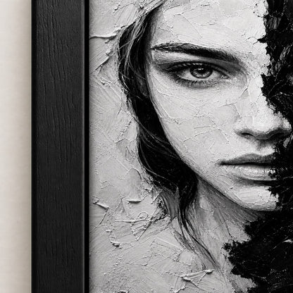 Black White Impasto Split Face Wall Art floating frame wall art - 03_detail_closeup