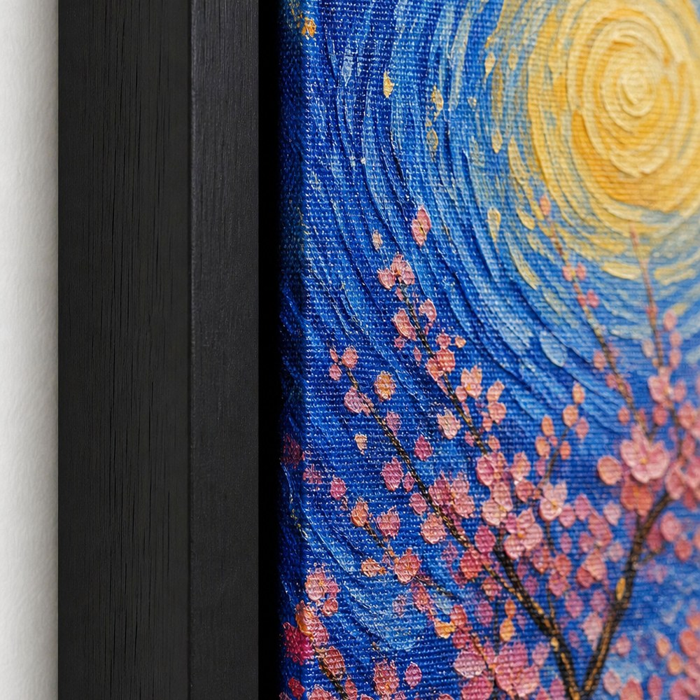 Pink Cherry Blossom Swirling Night Floater Frame Canvas Wall Art — close-up detail in a floater frame