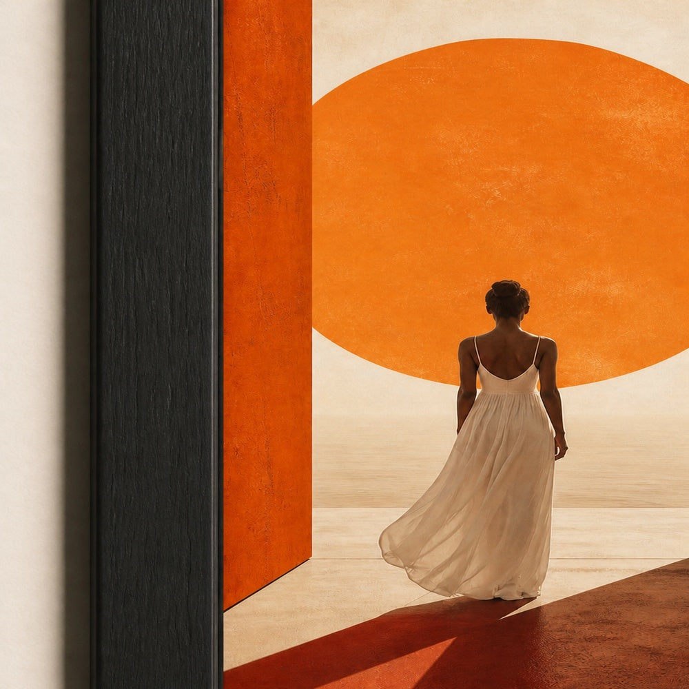 Woman White Dress Orange Sun Corridor Wall Art floating frame wall art - 03_detail_closeup