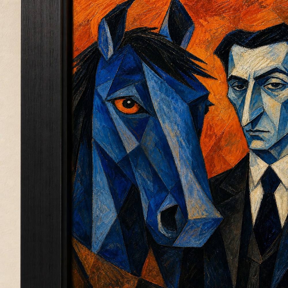 Blue Horse and Suited Man Cubist Wall Art floating frame wall art - 03_detail_closeup