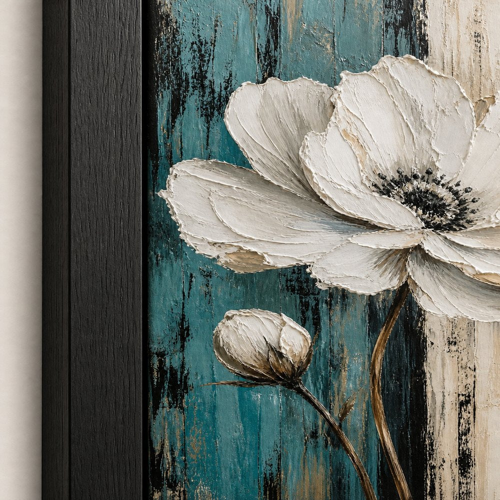 White Flower Blue Beige Stripes Wall Art floating frame wall art - 03_detail_closeup