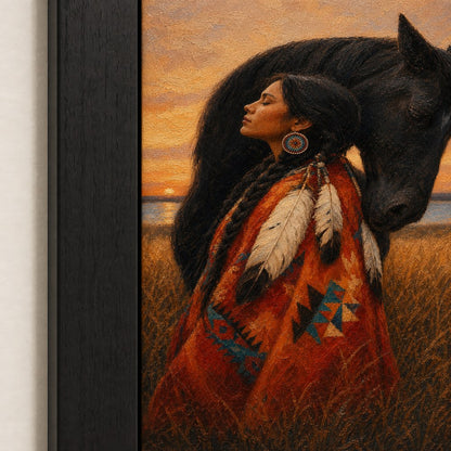 Indigenous Woman and Black Horse Wall Art floating frame wall art - 03_detail_closeup