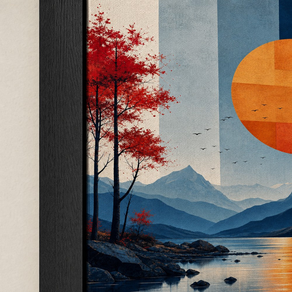 Geometric Sun Moon Mountains Lake Birds Wall Art floating frame wall art - 03_detail_closeup