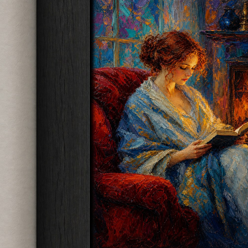 Reading Woman Fireplace Impasto Wall Art floating frame wall art - 03_detail_closeup