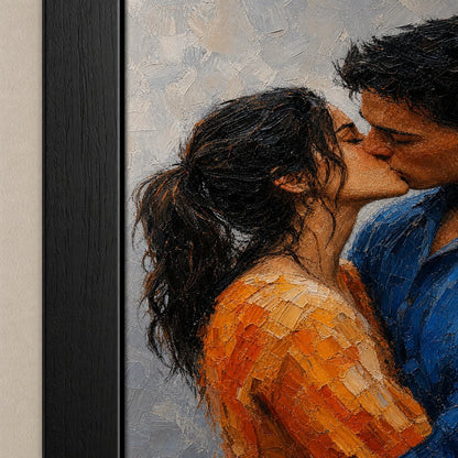 Kissing Couple Orange Blue Impasto Wall Art floating frame wall art - 03_detail_closeup