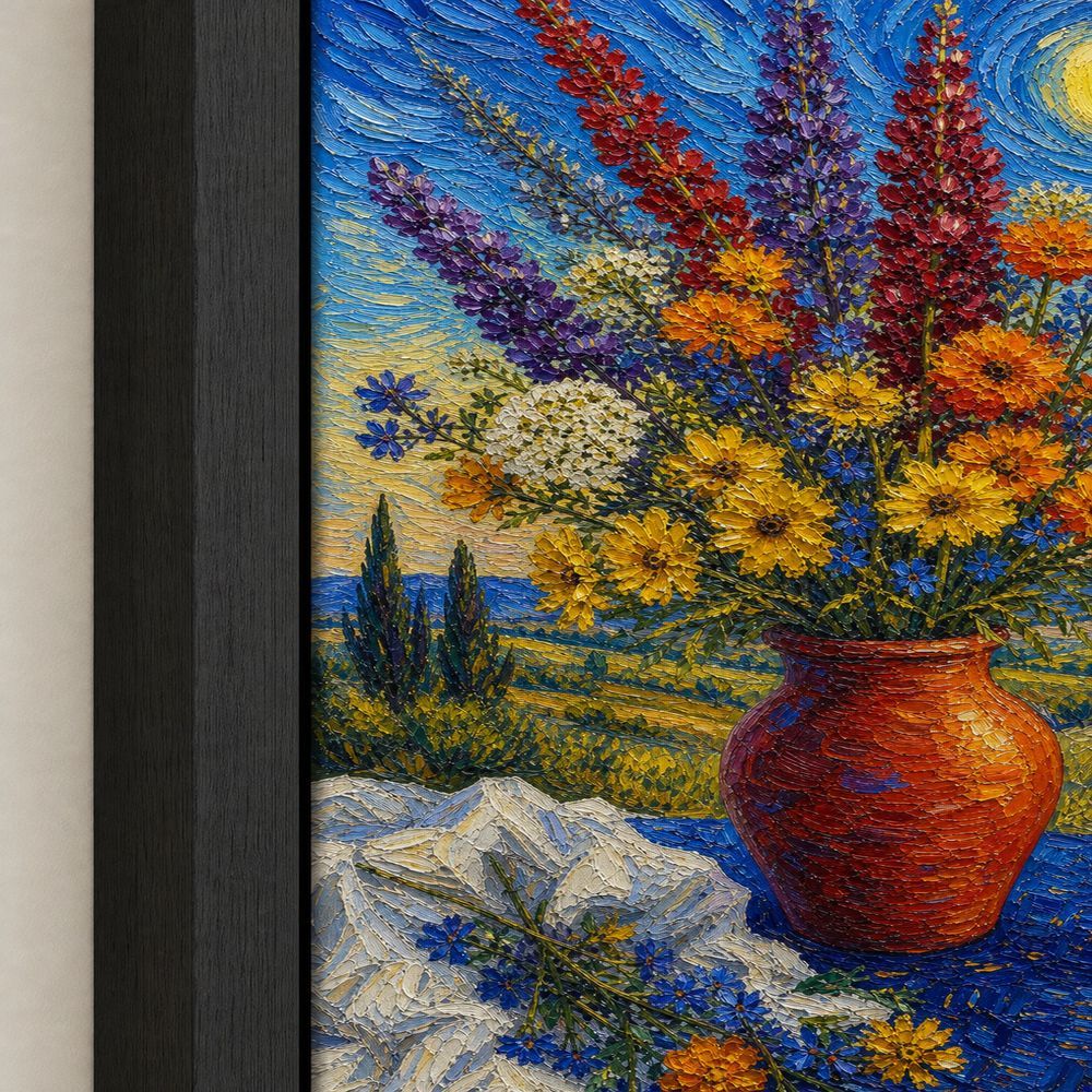 Post Impressionist Flower Vase Blue Tablecloth Wall Art floating frame wall art - 03_detail_closeup