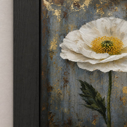 White Poppy Weathered Blue Wall Art floating frame wall art - 03_detail_closeup