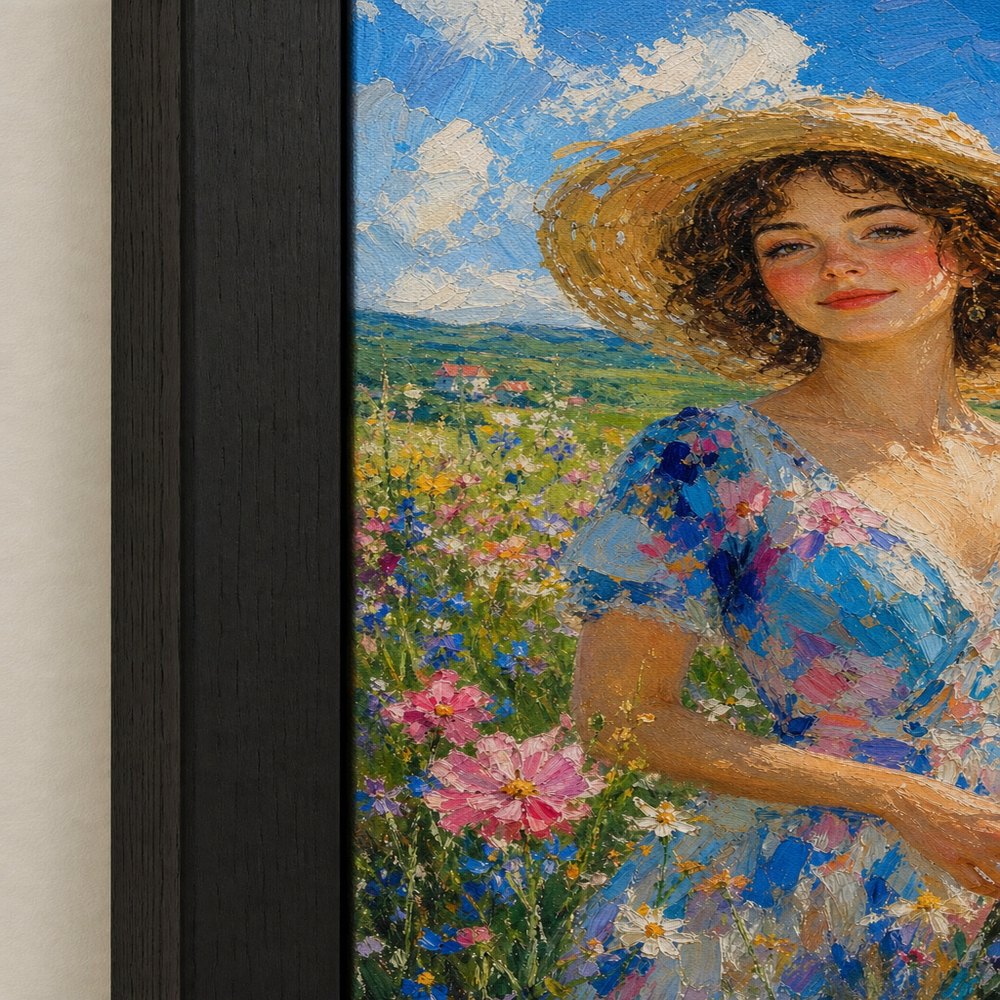 Impressionist Young Woman Wildflowers Hat Wall Art floating frame wall art - 03_detail_closeup
