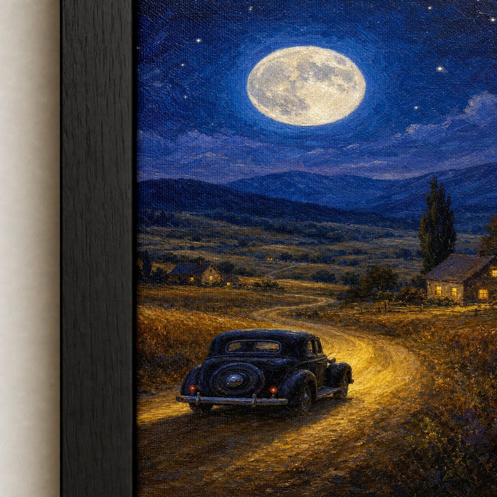 Country Night Full Moon Vintage Car Wall Art floating frame wall art - 03_detail_closeup