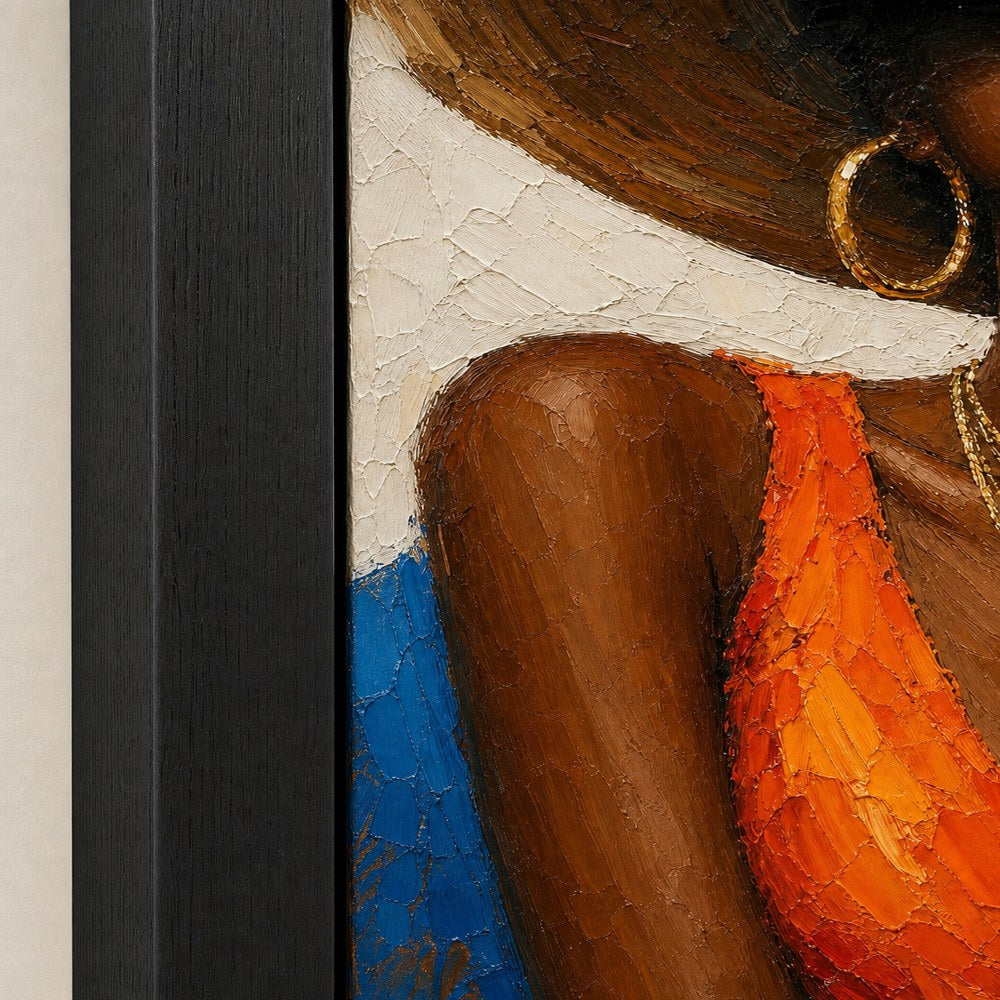 Black Woman Hat Orange Fashion Impasto Wall Art floating frame wall art - 03_detail_closeup