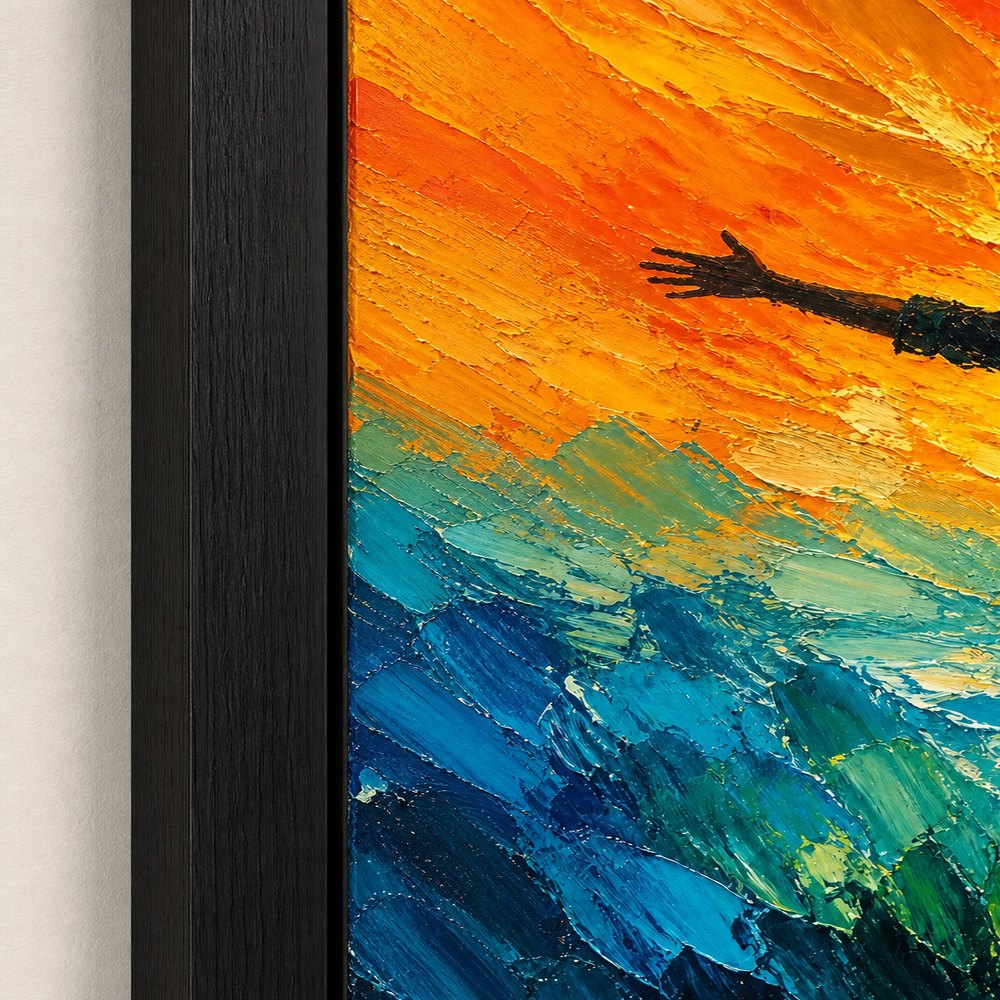 Silhouette Arms Open Sunset Turquoise Wall Art floating frame wall art - 03_detail_closeup
