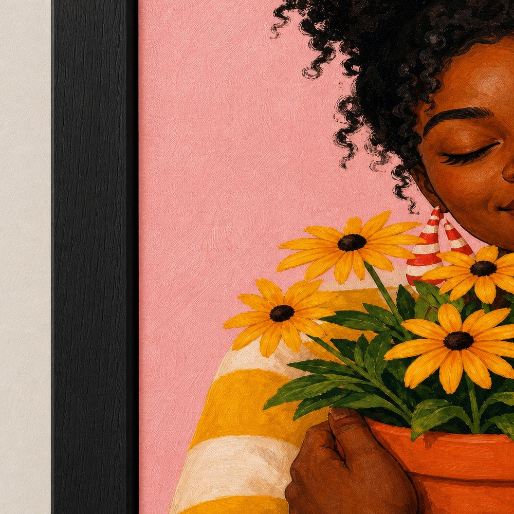 Black Woman Hugging Flower Pot Wall Art floating frame wall art - 03_detail_closeup