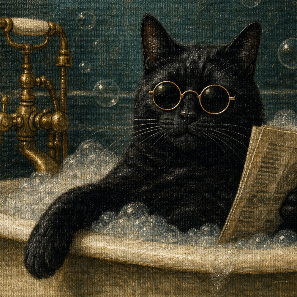 Funny Black Cat Bathtub Canvas Wall Art 01 close-up canvas texture and wrapped edge detail