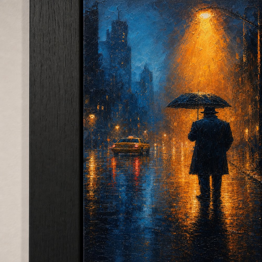 Rainy Night Umbrella Walker Wall Art floating frame wall art - 03_detail_closeup