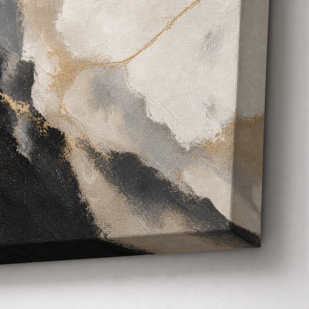 Black White Gold Modern Abstract Canvas Wall Art – Draft - Wrapped canvas fabric texture detail