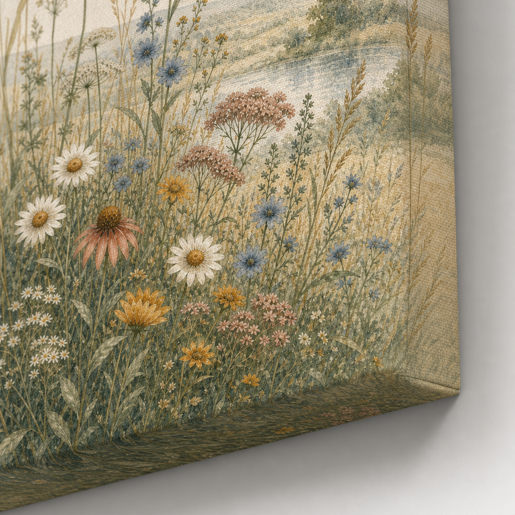 Wildflower Meadow Botanical Canvas Wall Art – Draft - Wrapped canvas fabric texture detail