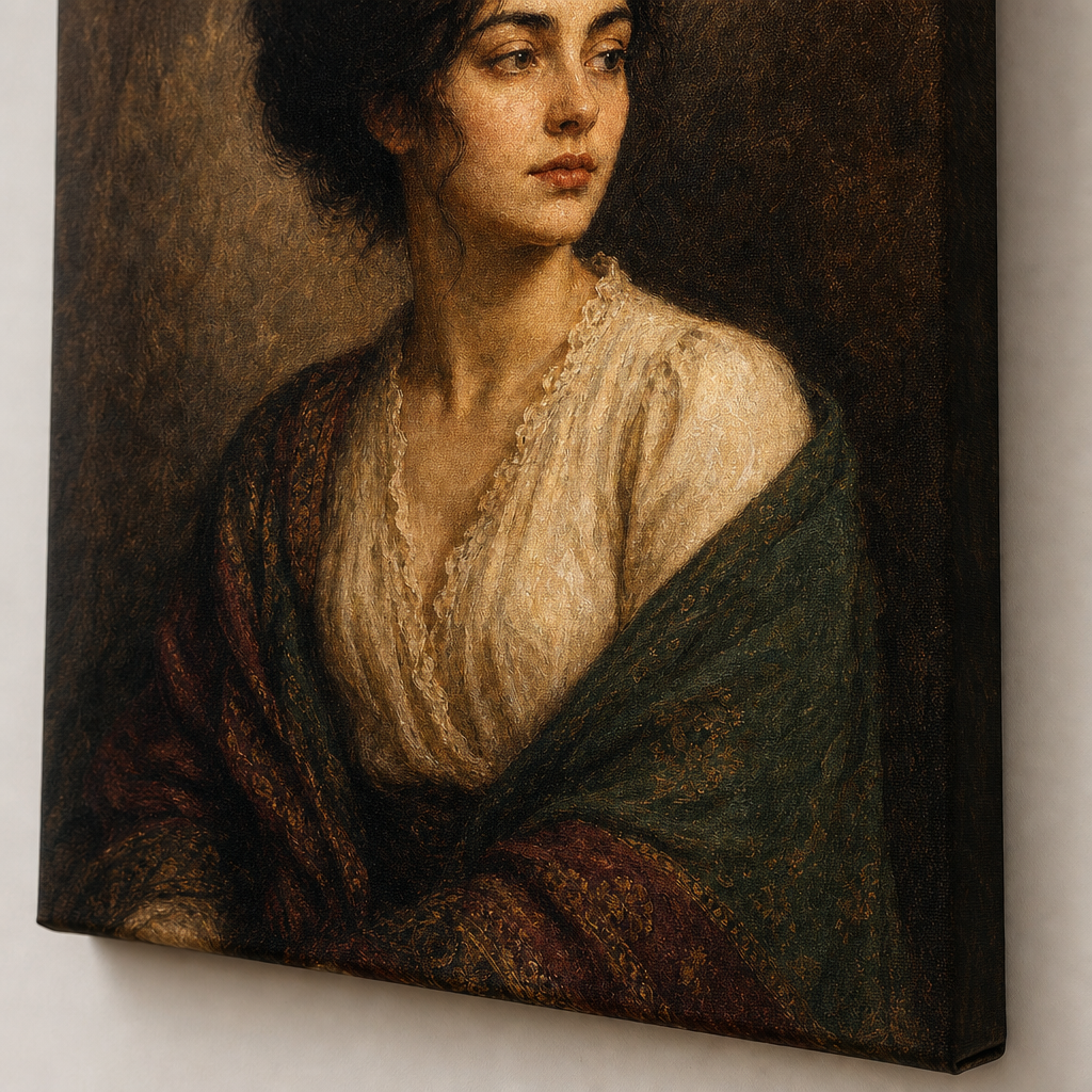 Classical Portrait Inspired Canvas Wall Art – Draft - Wrapped canvas fabric texture detail