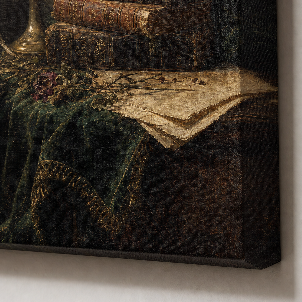 Dark Academia Library Still Life Canvas Wall Art – Draft - Wrapped canvas fabric texture detail