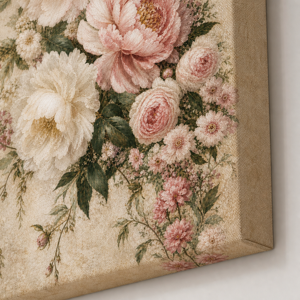 Vintage soft floral canvas print fabric texture close up
