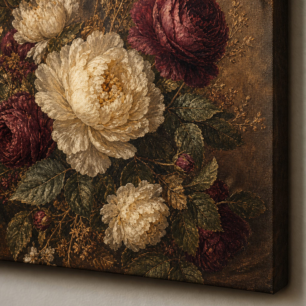 Antique Burgundy Floral Canvas Wall Art – Draft - Wrapped canvas fabric texture detail