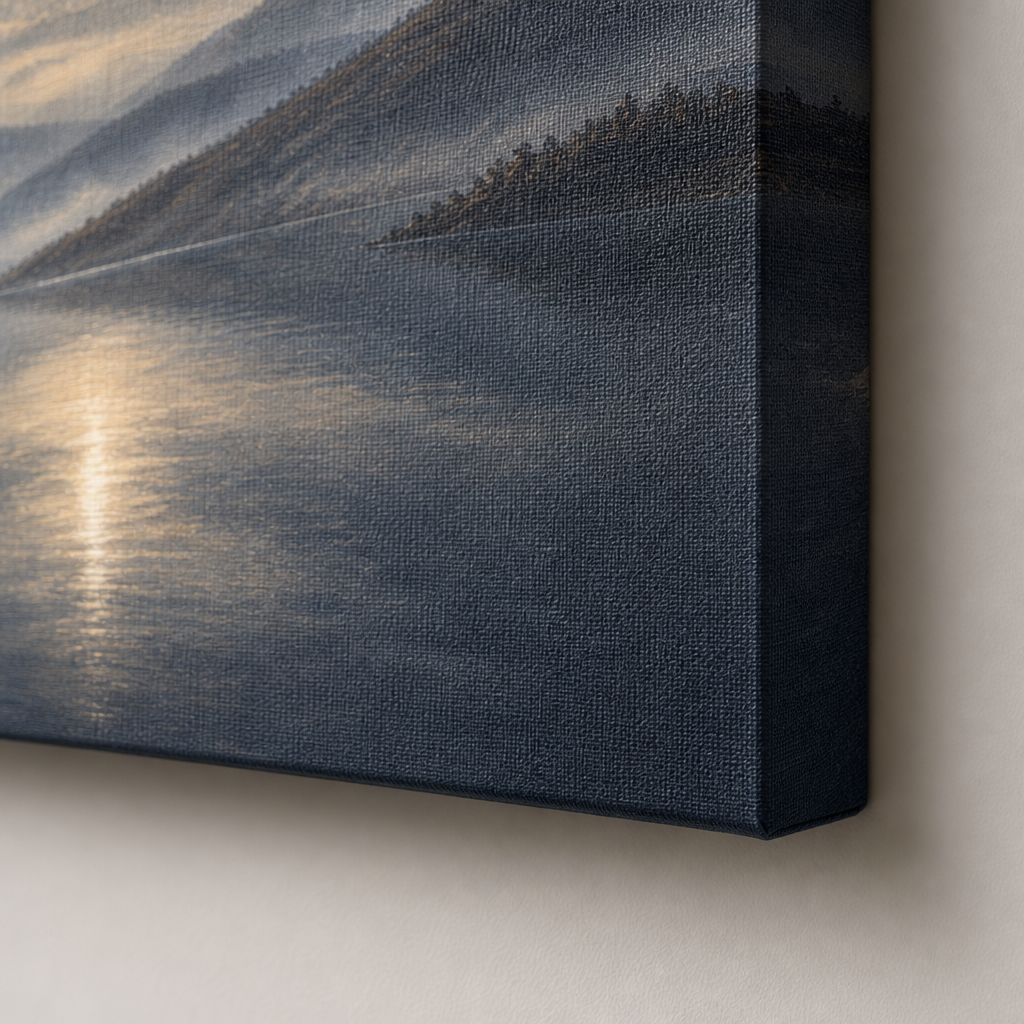 Moody misty lake canvas print fabric texture close up