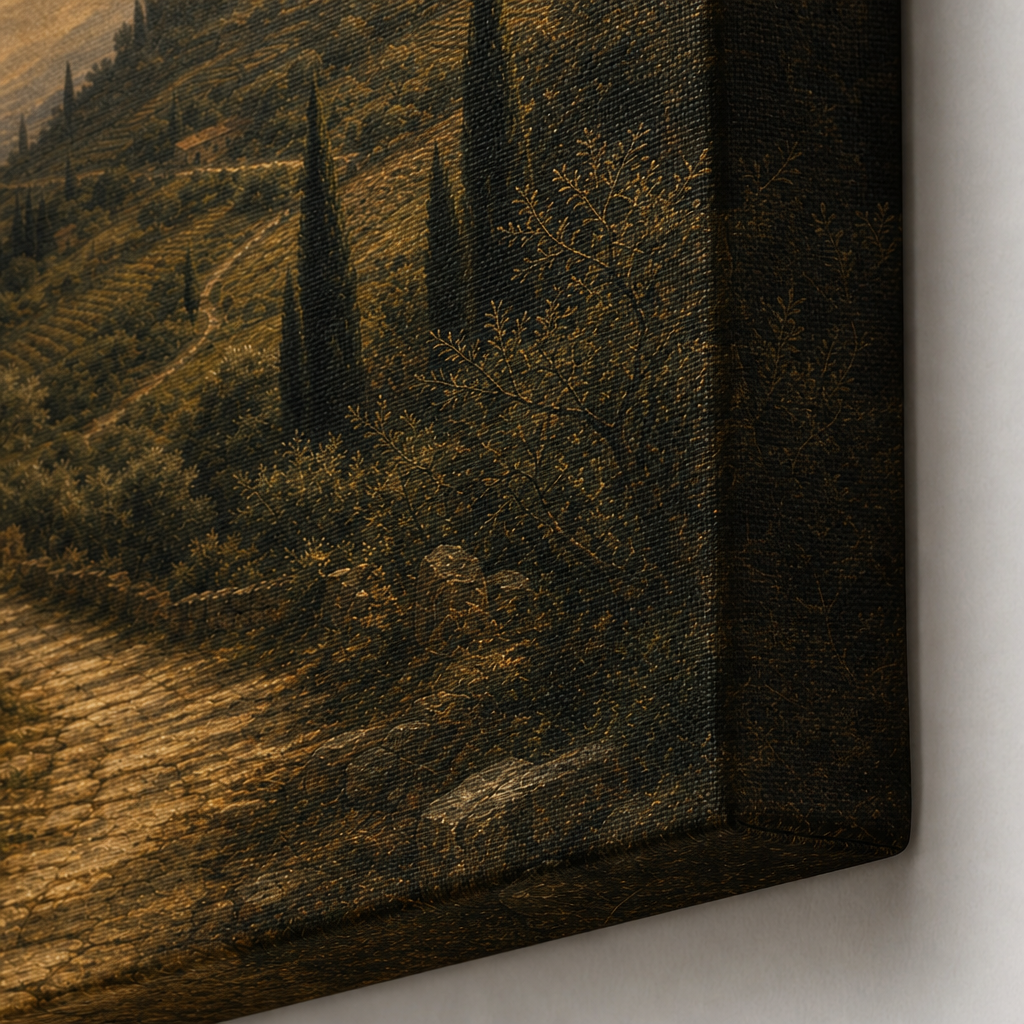 Vintage Brown Olive Landscape Canvas Wall Art – Draft - Wrapped canvas fabric texture detail