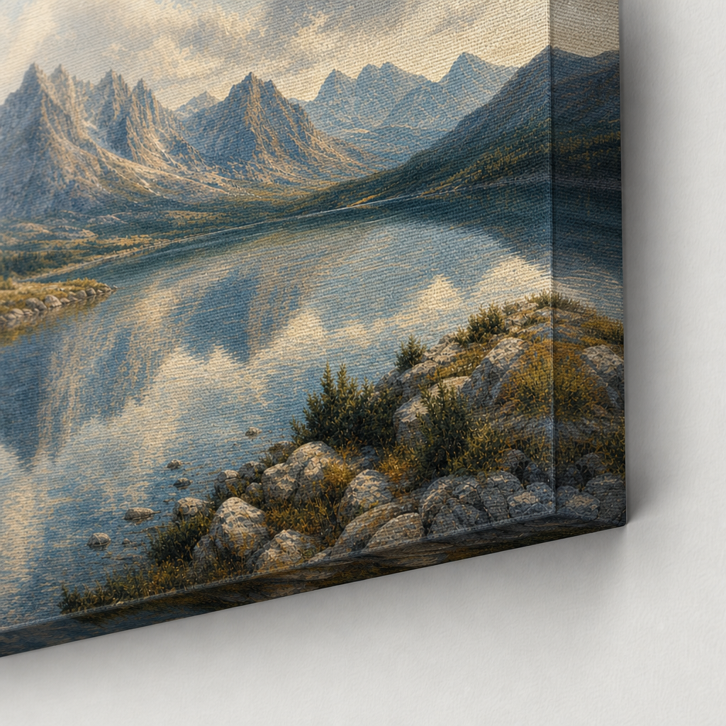 Mountain lake canvas print fabric texture close up
