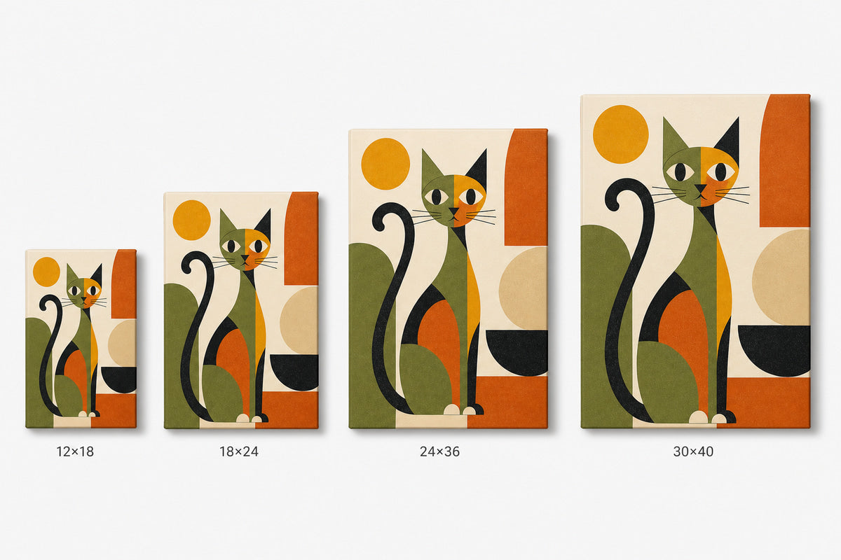 Abstract Cat Mid-Century Modern Canvas Wall Art 03 size comparison