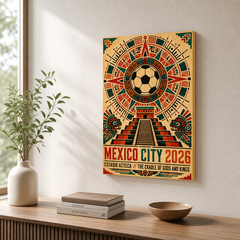 Mexico City 2026 Aztec Totem Soccer Canvas Wall Art 03 12×18 inch thin wrapped canvas wall mockup