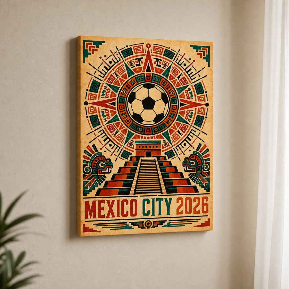 Mexico City 2026 Aztec Totem Soccer Canvas Wall Art 03 18×24 inch wrapped canvas wall mockup