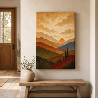 Earth tone abstract wrapped canvas wall art in hallway decor