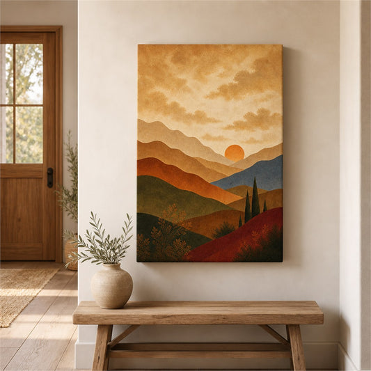 Earth tone abstract wrapped canvas wall art in hallway decor
