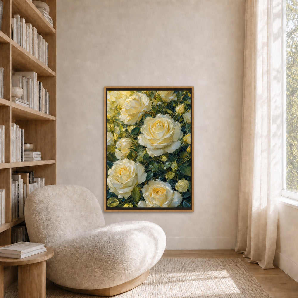 Cream White Roses Impasto Floral Wall Art - 04_warm_oak_diverse_wall_scene