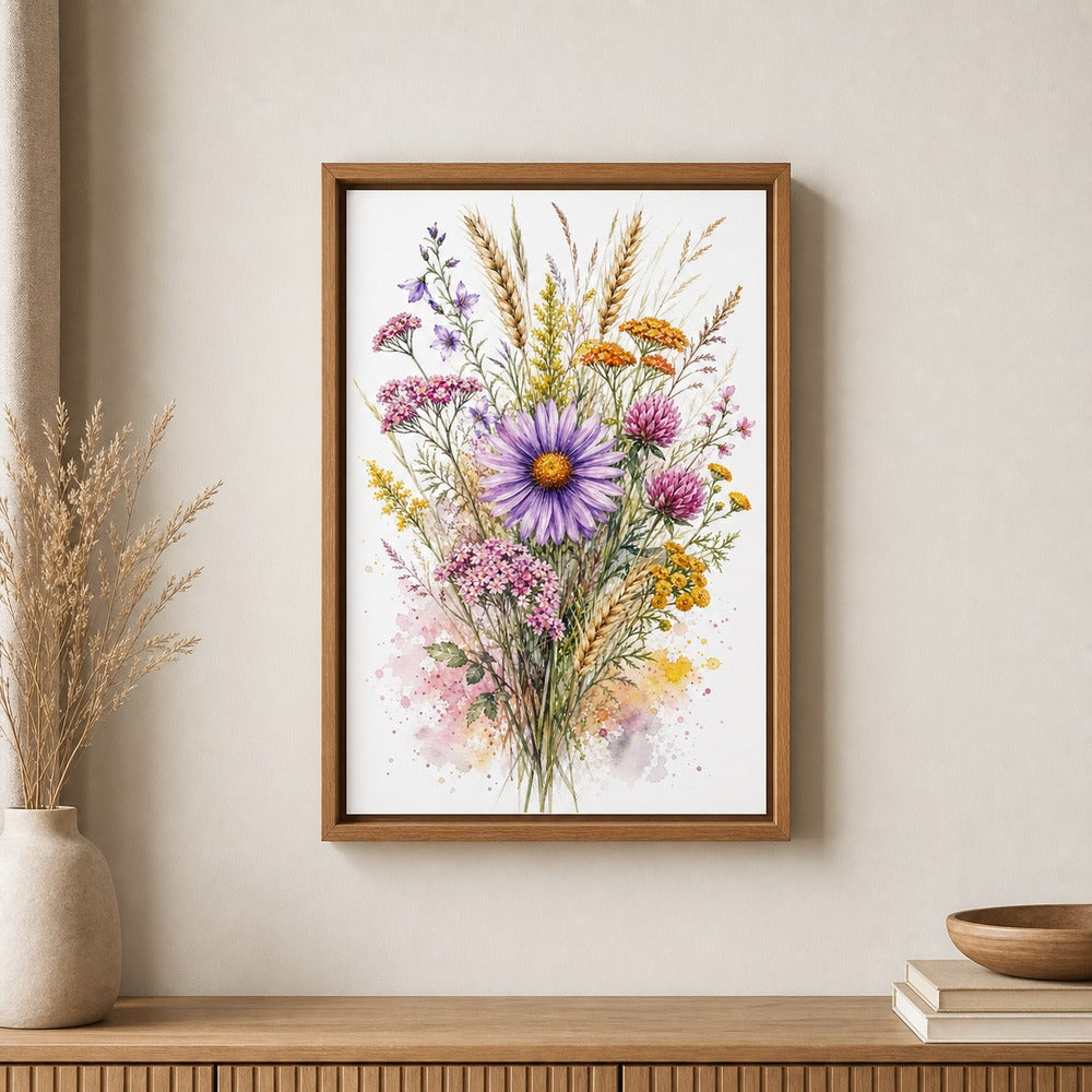 Purple Daisy Wildflower Watercolor Splash Wall Art floating frame wall art - 04