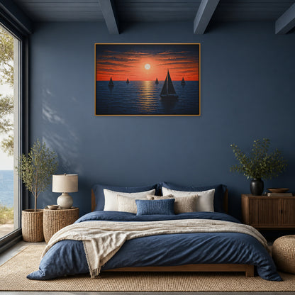 Five Sailboats Sunset Woodcut Floating Frame Wall Art - 04_warm_oak_wall_scene