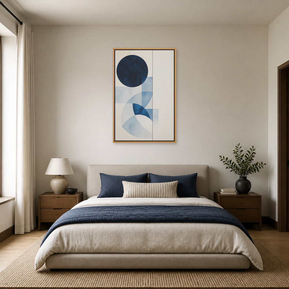 Navy Geometric Watercolor Floating Frame Wall Art - 04_warm_oak_wall_scene