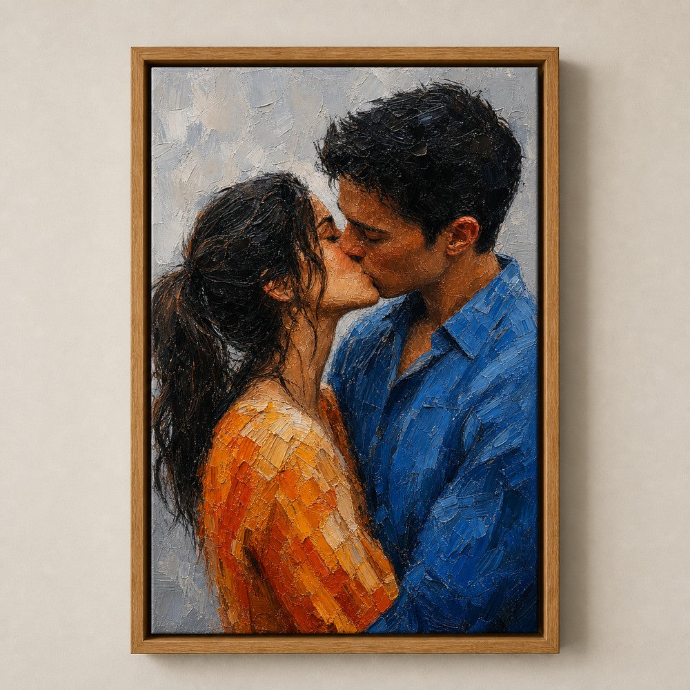 Kissing Couple Orange Blue Impasto Wall Art floating frame wall art - 04