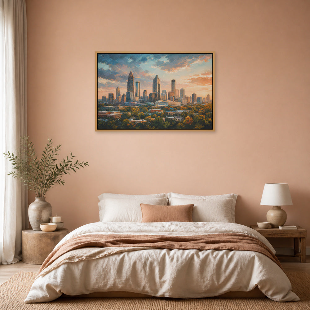 Atlanta Golden Hour Skyline Floating Frame Wall Art - 04_warm_oak_wall_scene
