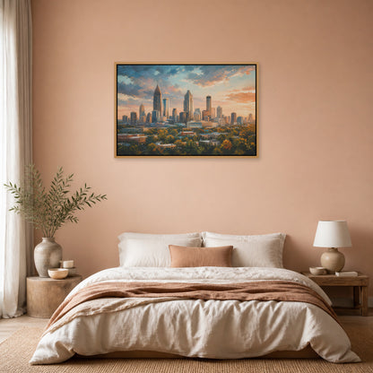 Atlanta Golden Hour Skyline Floating Frame Wall Art - 04_warm_oak_wall_scene