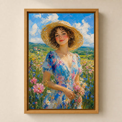 Impressionist Young Woman Wildflowers Hat Wall Art floating frame wall art - 04
