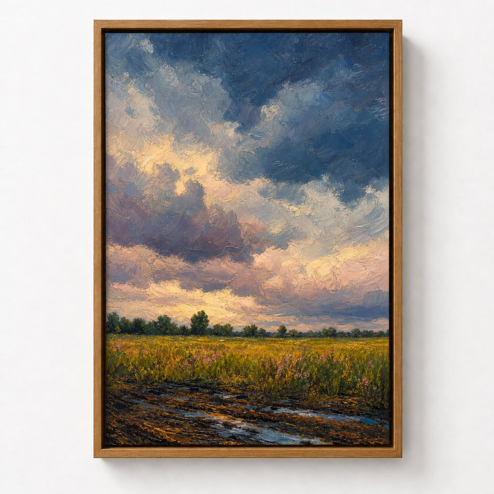 Storm Clouds Over Open Field Floater Frame Canvas Wall Art — room scene in a brown floater frame