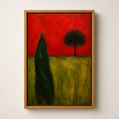Green Organic Shape Red Sky Tree Expressionist Wall Art floating frame wall art - 04