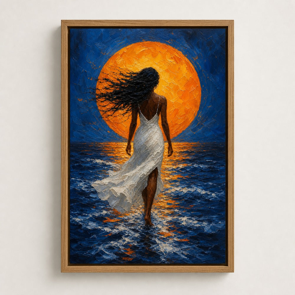 Woman White Dress Orange Sun Ocean Wall Art floating frame wall art - 04