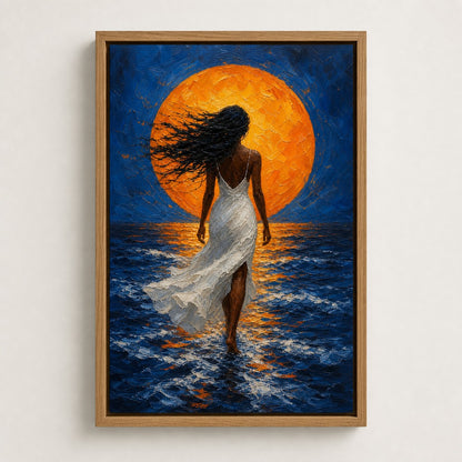 Woman White Dress Orange Sun Ocean Wall Art floating frame wall art - 04