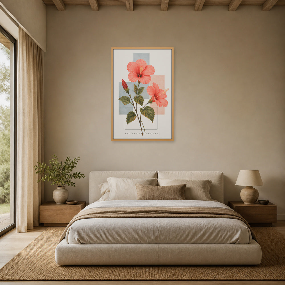 Hibiscus Geometric Collage Floating Frame Wall Art - 04_warm_oak_wall_scene