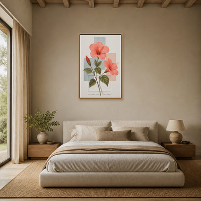 Hibiscus Geometric Collage Floating Frame Wall Art - 04_warm_oak_wall_scene