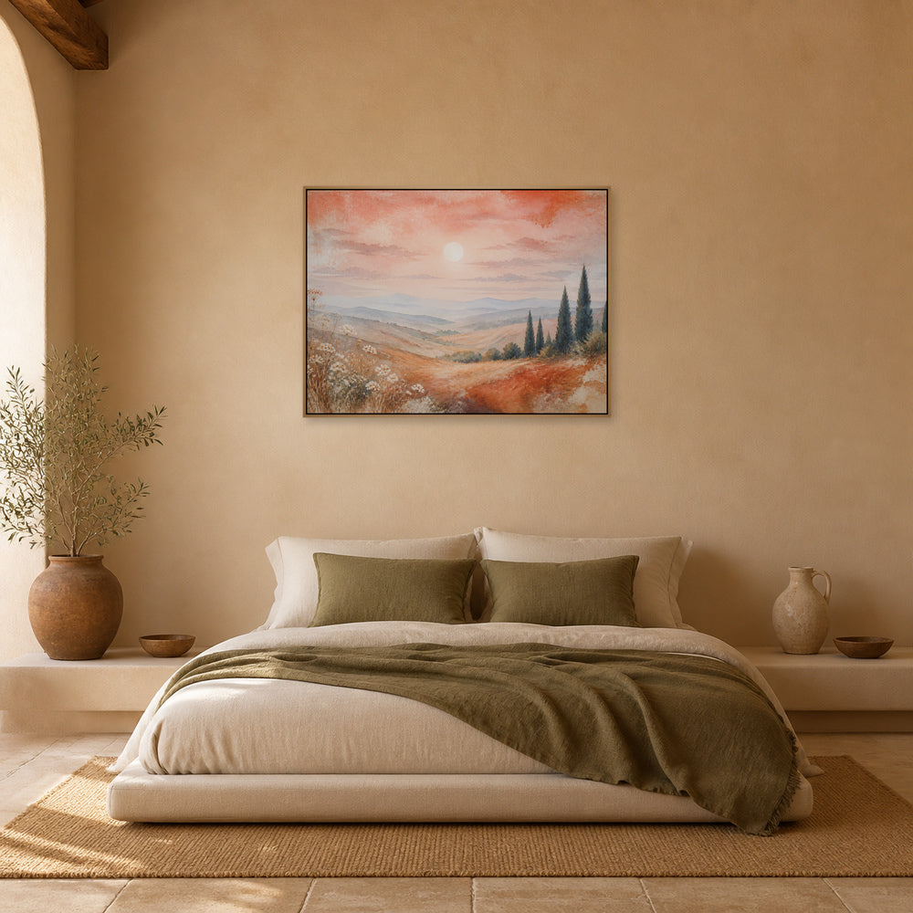 Tuscan Hills Watercolor Landscape Floating Frame Wall Art - 04_warm_oak_wall_scene