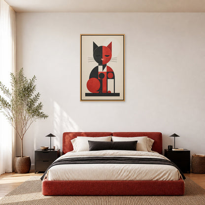 Bauhaus Geometric Cat Floating Frame Wall Art - 04_warm_oak_wall_scene