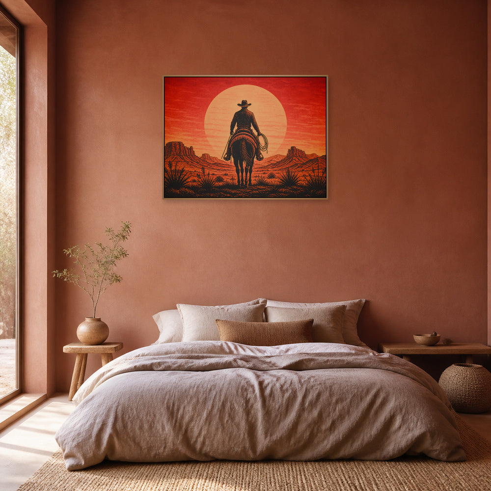 Cowboy Sunset Western Floating Frame Wall Art - 04_warm_oak_wall_scene