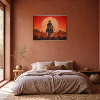 Cowboy Sunset Western Floating Frame Wall Art - 04_warm_oak_wall_scene